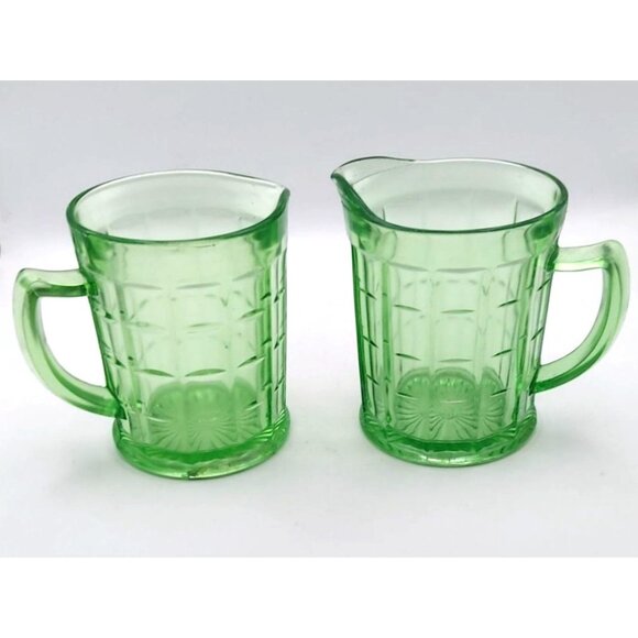 Vintage Hazel Atlas Colonial Block Uranium Green Depression Glass Creamers PAIR - Picture 1 of 13